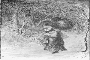 Eine ältere Frau mit Hut geht einen Waldweg entlang, umgeben von Bäumen, mit Text am unteren Bildrand.