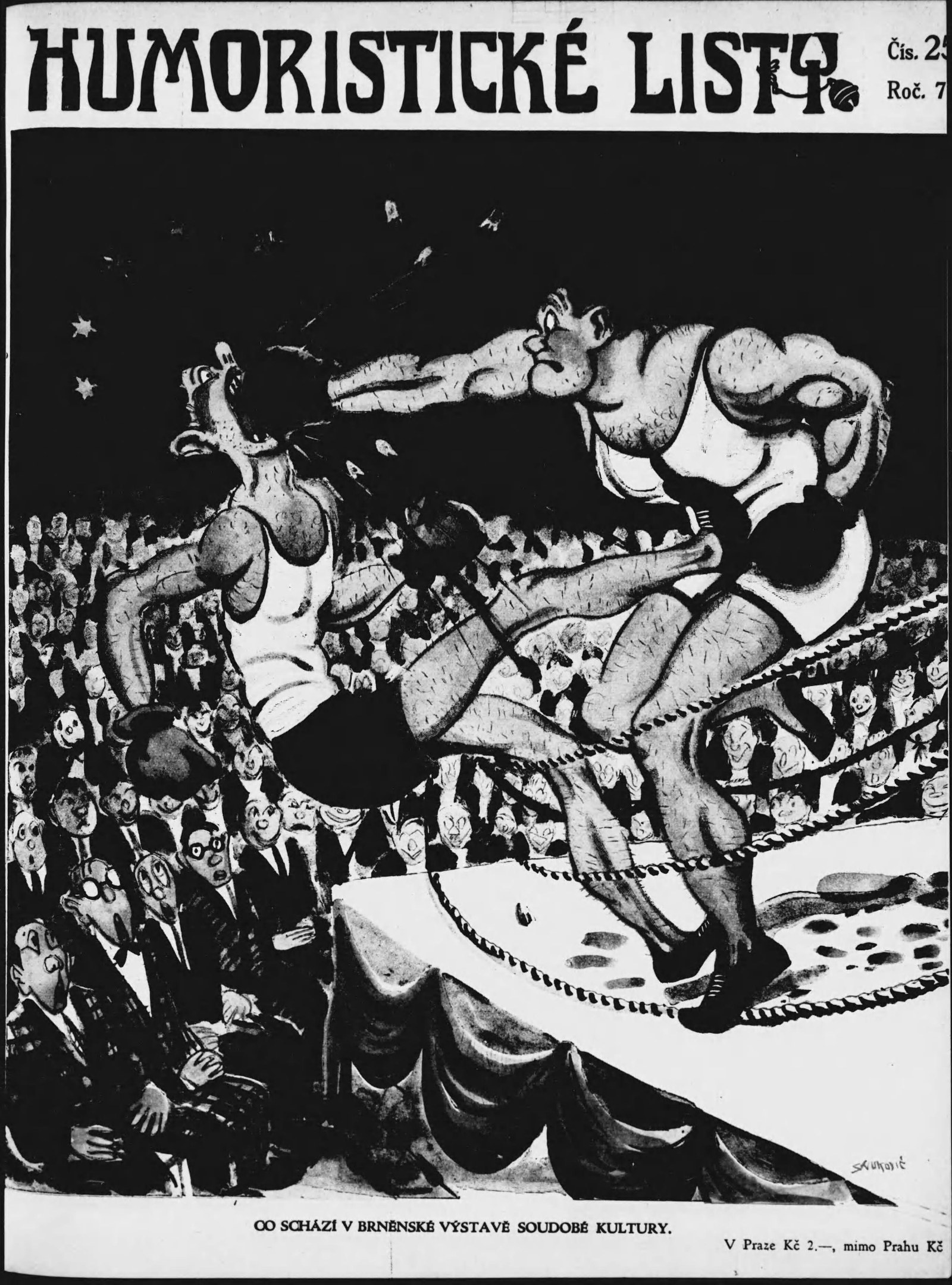 Schwarzer und weißer Cartoon von zwei Boxern im Ring mit einer Menge, aus einer tschechischen humoristischen Zeitschrift.