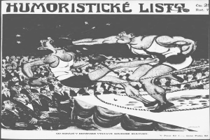 Schwarzer und weißer Cartoon von zwei Boxern im Ring mit einer Menge, aus einer tschechischen humoristischen Zeitschrift.