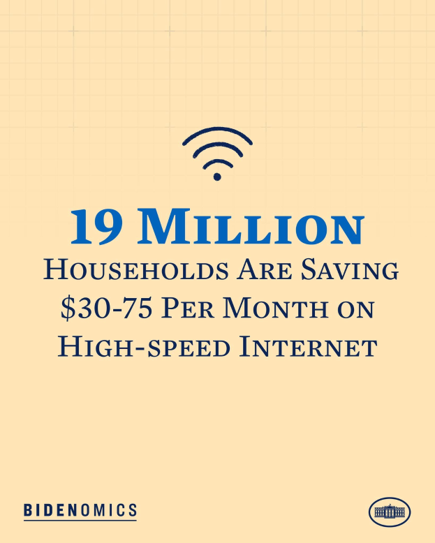 Plakat mit der Aufschrift "19 Millionen Haushalte sparen monatlich 30-75 USD auf High-Speed-Internet" mit einem Logo.