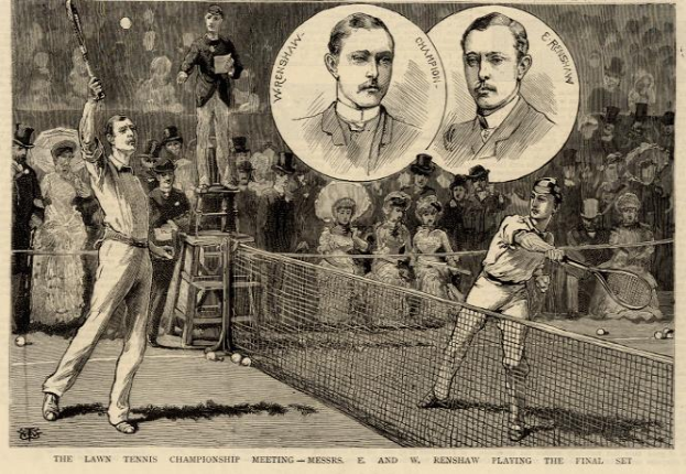 Eine Schwarz-Weiß-Zeichnung von zwei Männern, die auf einem Platz mit Netz Tennis spielen, und Zuschauern im Hintergrund, mit Text unten, der "The Lawn Tennis Championship Meeting - Messers, E and W Renshaw Playing the Final Set" lautet.