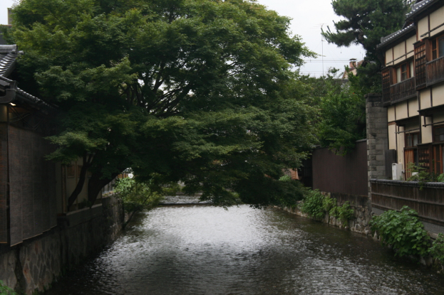 Ein See mit je einem Gebäude auf beiden Seiten, umgeben von Bäumen und Pflanzen, mit Geländern und Türen sichtbar.