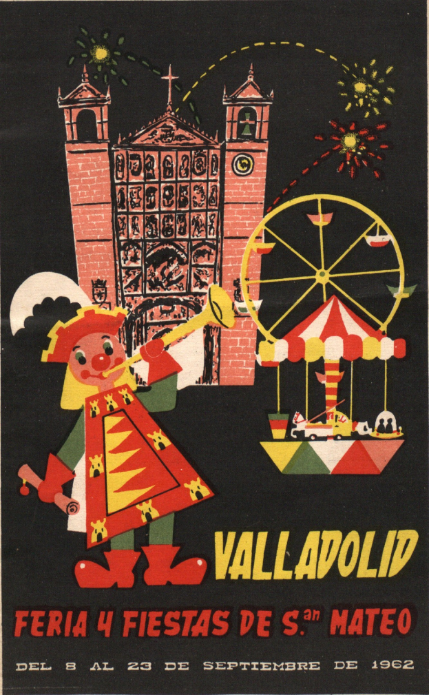 Buntes Karnevalsplakat für Valladolid, Spanien, mit einem Gebäude, einem Riesenrad, einem Spielzeug und festlichem Text.