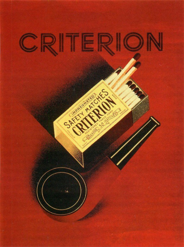 Ein rotes Buch mit einer Schachtel "Criterion Safety Matches" darauf, mit Text auf dem Cover.