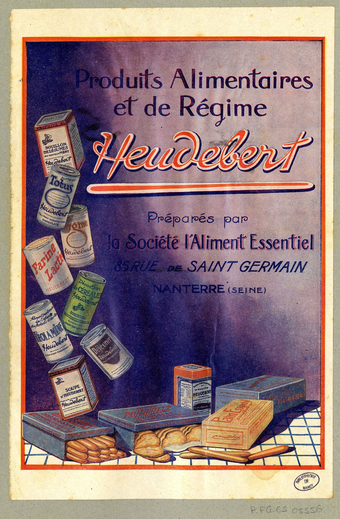 Plakat mit der Aufschrift "Heidelberg - Produkte für Ernährung und Diät Heidelberg" mit verschiedenen Lebensmitteln und Verpackungen.