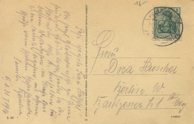 Alte deutsche Postkarte mit einer Marke, versendet von Deutschland nach Deutschland, mit der Aufschrift "Konzert-Luger-Konferenz-Kommunikation" und der Nummer "174097", in sehr gutem (VF) Zustand.