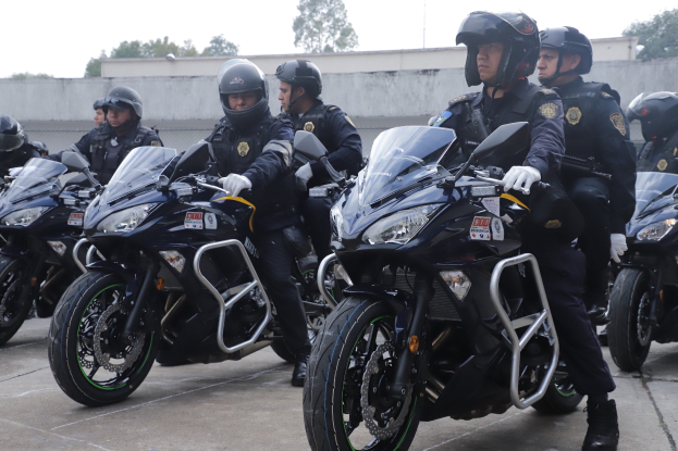 Eine Gruppe von Polizisten in schwarzen Uniformen und Helmen, die Motorräder in einer Parkanlage mit Bäumen und einem klaren blauen Himmel im Hintergrund fahren.
