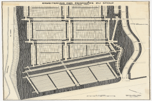 Ein altes Stadtplan von einer Stadt mit zahlreichen Gebäuden und einem Stadtplan, mit Text zur Stadtplanung.