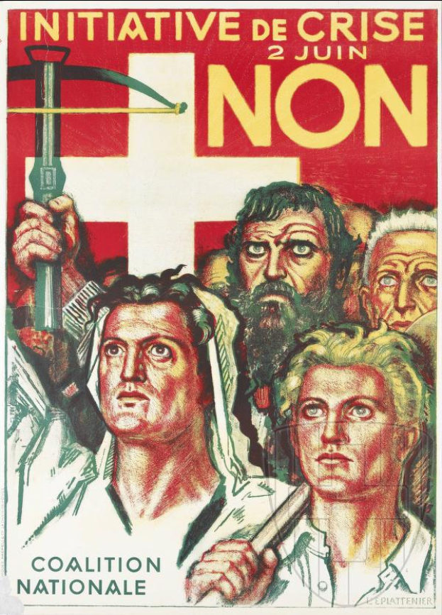 Ein Plakat für die Initiative Coalition Nationale, das eine Gruppe von Menschen mit Hammer und Sichel zeigt, mit Texten über die Organisation und ihre Mission.