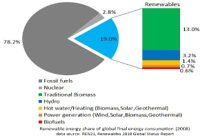 Tortendiagramm, das den globalen Verbrauch von erneuerbaren Energien im Jahr 2008 zeigt, unterteilt in Abschnitte für fossile Brennstoffe, Kernenergie, Wasserkraft, Warmwasserheizung, Biomassen, Solarenergie, Geothermie und Biokraftstoffe.