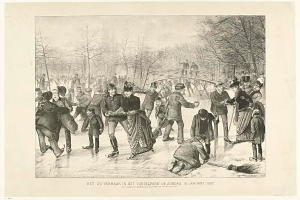 Eine Gruppe von Menschen, die auf einem Eisring in einem Park Schlittschuh laufen, mit Bäumen und einer Brücke im Hintergrund und einem Text unten, der "Het us-vermaak in het vondelpark op zondag 10 januari 1887" liest.