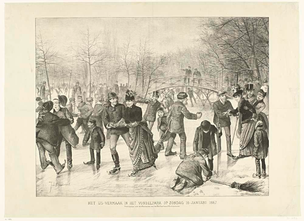 Eine Gruppe von Menschen, die auf einem Eisring in einem Park Schlittschuh laufen, mit Bäumen und einer Brücke im Hintergrund und einem Text unten, der "Het us-vermaak in het vondelpark op zondag 10 januari 1887" liest.