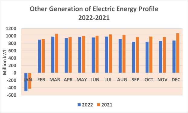 Eine Liniengrafik, die die Erzeugung von elektrischer Energie von 2021 bis 2022 zeigt, mit begleitendem Text, der zusätzliche Datendetails bereitstellt.