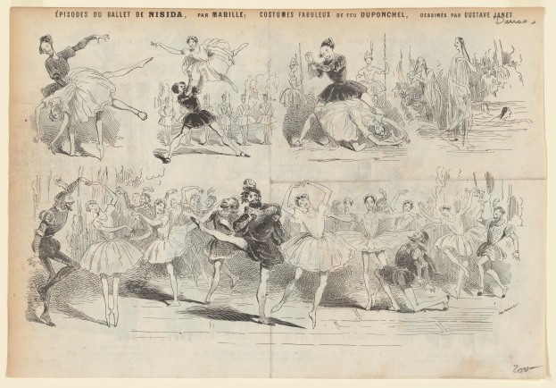 Ein Buchseiten-Bild mit einer lebendigen Zeichnung einer Gruppe von Menschen, die im Einklang tanzen, mit begleitendem Text zu Datum, Uhrzeit und Ort.