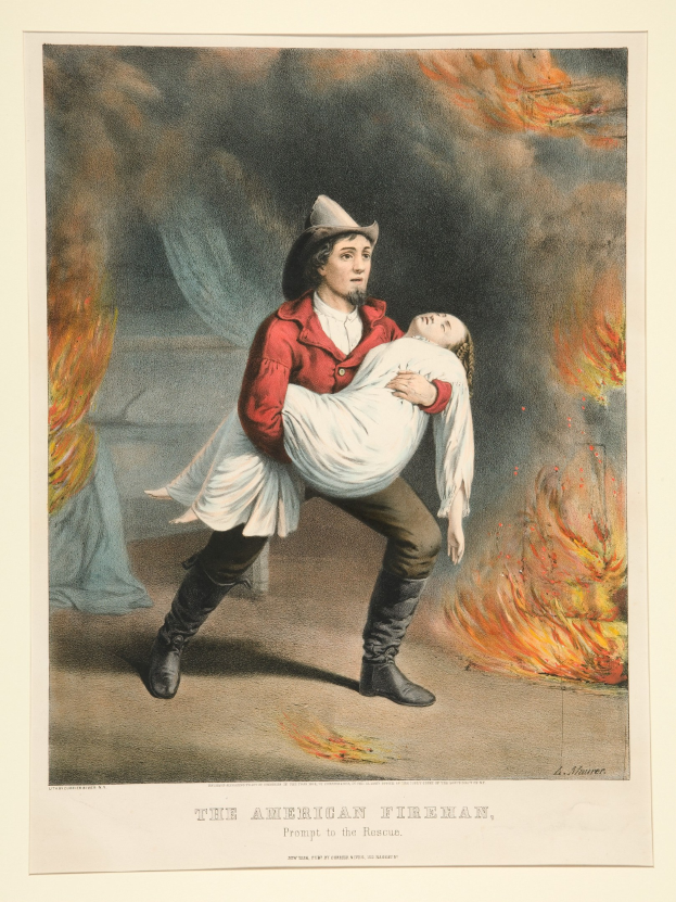 Amerikanischer Feuerwehrmann, der eine Frau durch Feuer und Rauch trägt, mit Text "The American Fireman, Prompt to the Rescue" unten.