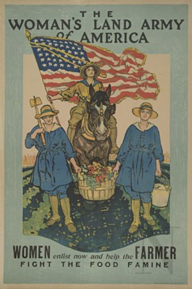 Plakat, das eine Frau in einer Landarmeeuniform zeigt, die ein Pferd reitet und eine Flagge hält, sowie zwei Frauen mit Körben voller Essen und Text, der Frauen zur Unterstützung der Lebensmittelproduktion aufruft.