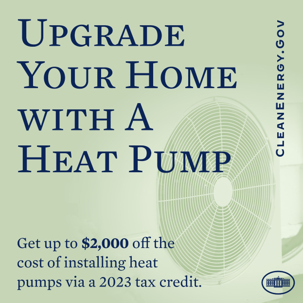 Plakat wirbt für den Austausch von Heizungen zu Wärmepumpen mit einem Bild einer Wärmepumpe und dem Text "Upgrade Your Home with a Heat Pump."