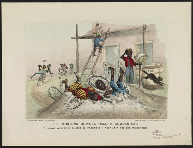 Ein Plakat mit der Aufschrift "Der dunkle Fahrradrennen - Ein plötzlicher Halt", das eine chaotische Szene mit Fahrradfahrern, die angehalten wurden, Menschen auf Leitern, ein Gebäude, Fässer und andere Gegenstände zeigt.