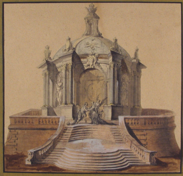 Zeichnung einer Brunnenstatue mit einem Rahmen und weiteren Skulpturen drumherum.