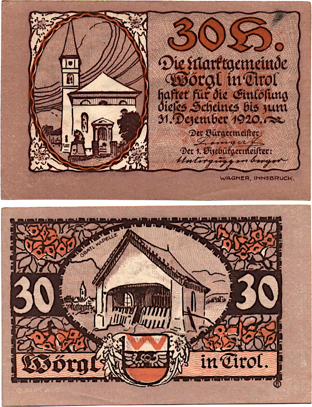 Ein altes deutsches 30-Pfennig-Banknoten aus den 1930er Jahren mit einem zentralen Bild einer Kirche umgeben von Text.