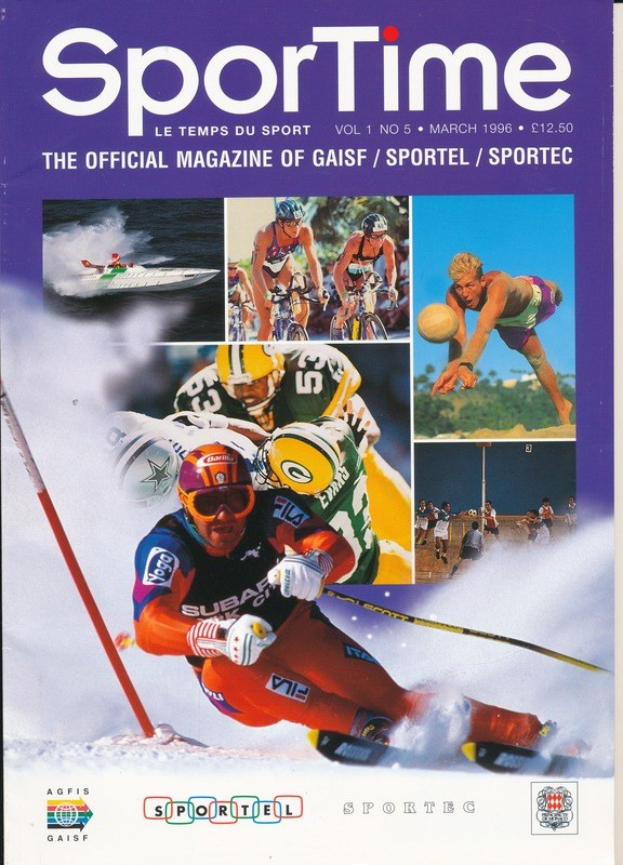 Titelbild von *Sporttime Magazine* März 1996, das Ski- und Snowboard-Aktivitäten mit Text und Logos zeigt.