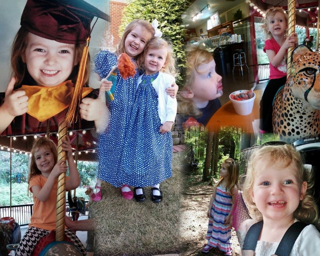 Collage mit lustigen Fahrten, Kindern an einem Tisch mit Essen, Tassen, Löffeln, verschiedenen Gegenständen, Lichtern, einer Wand, Büschen, Bäumen, Gras, Seil und einem Hut.