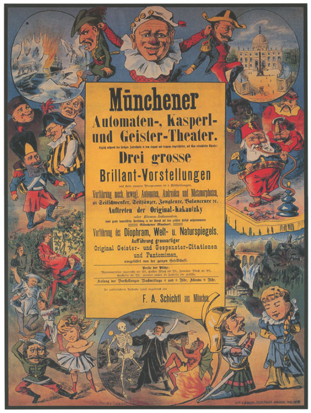 Ein Vintage-Plakat für das Münchner Automaten-Kasperl- und Geister-Theater aus den 1920er Jahren, das eine Gruppe von Menschen in farbenfrohen Kostümen in der Mitte zeigt, umgeben von Text, der eine lebendige Atmosphäre vermittelt.