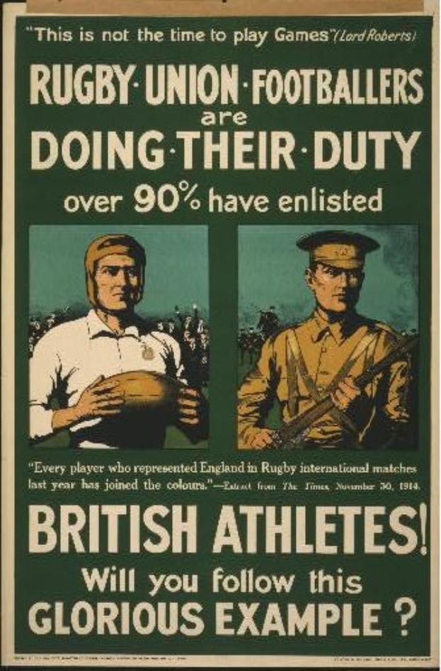 Plakat mit zwei Rugbyspielern in Uniform, Text betont Einberufung britischer Athleten zum Militärdienst.
