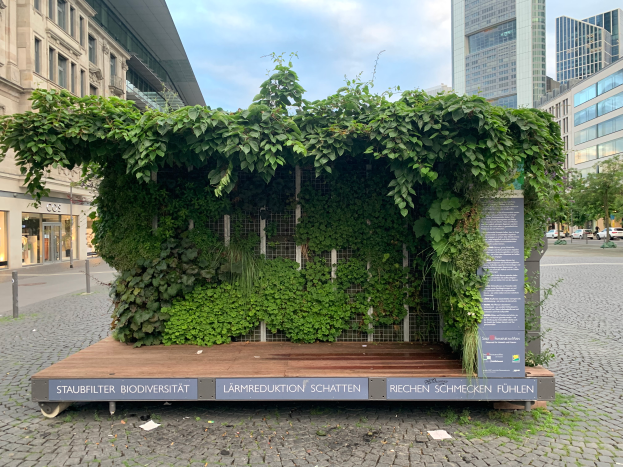 Ein grünes Gebäude mit Efeu an der Seite, umgeben von Bäumen, Fahrzeugen, Pfählen und anderen Gebäuden unter einem bewölkten Himmel, Teil der Staufbilter Biodiversität in Berlin, Deutschland.