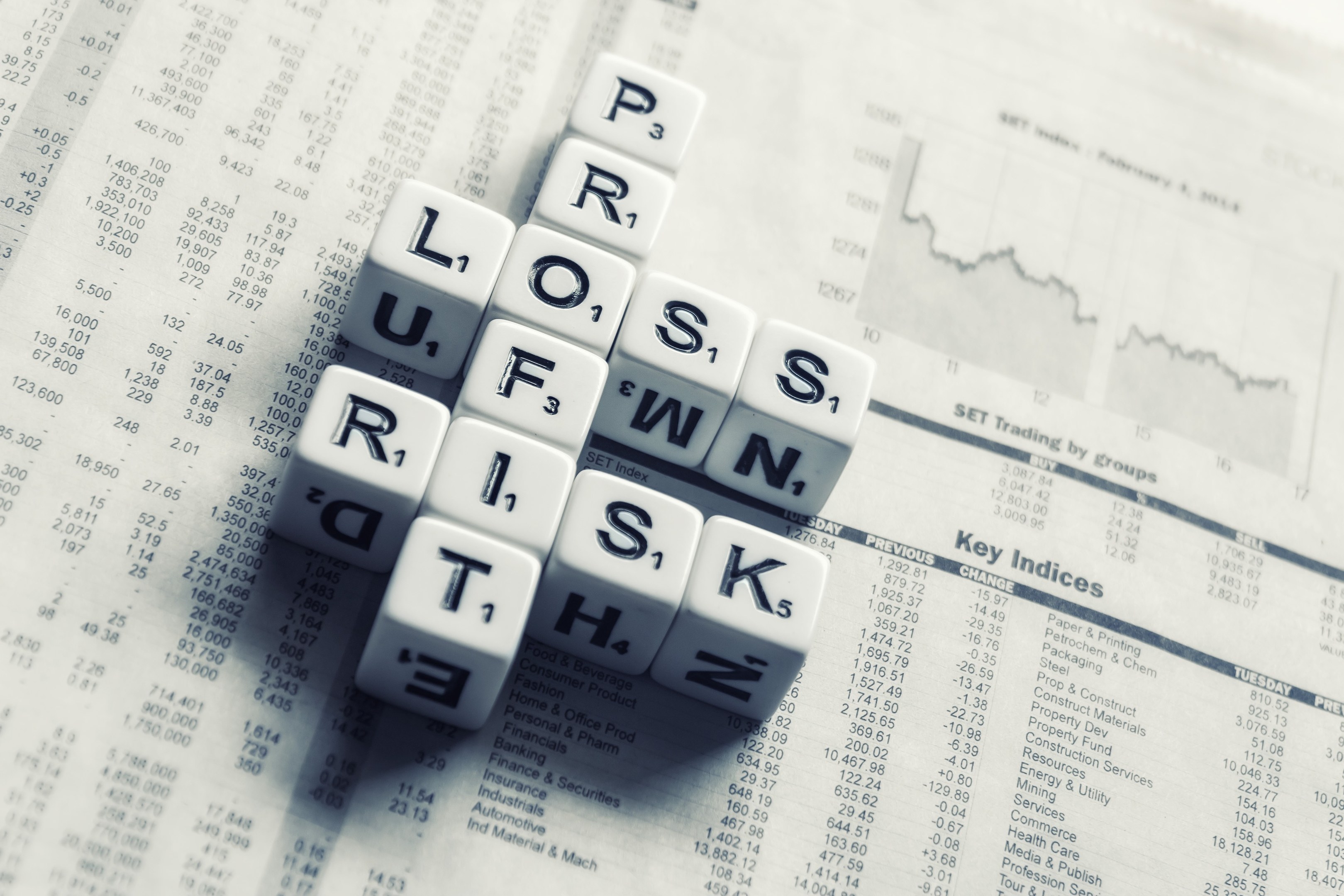 Ein Kreuzworträtsel mit den Wörtern "Verlust", "Risiko" und "Risiko" auf einer Zeitung mit Finanztext und -zahlen.