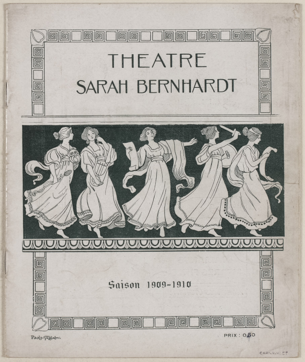 Plakat für das Theatre Sarah Bernhardt von 1909-1910, das eine Gruppe von Frauen in der Mitte mit Text zeigt, der das Theater und seine Schauspieler beschreibt.
