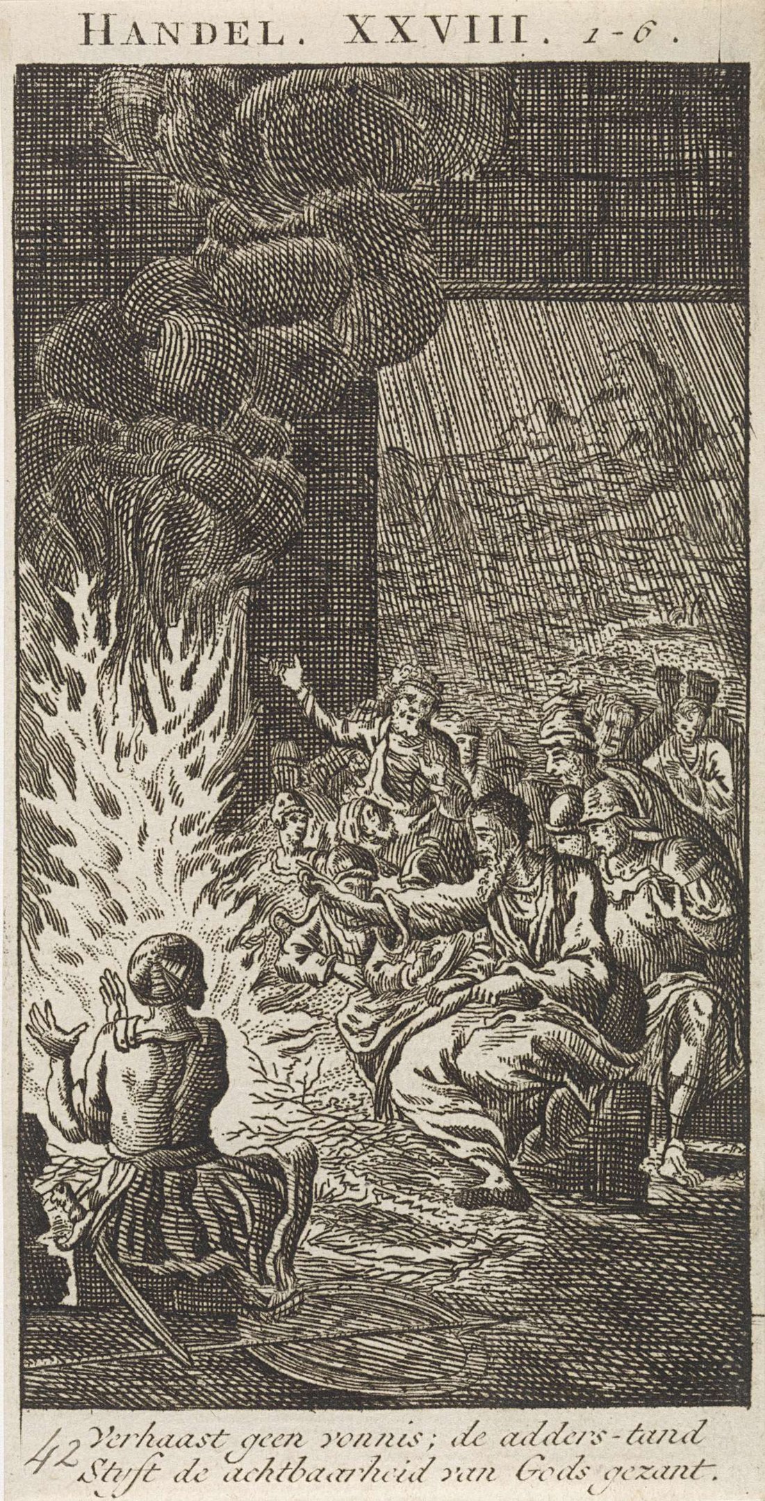 Schwarze und weiße Gravur einer Gruppe von Menschen, die sich um ein helles Feuer versammelt haben, einige schauen ängstlich nach oben und andere staunend nach unten, mit Text oben und unten auf dem Papier.