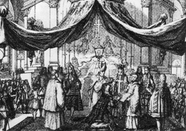 Eine Schwarz-Weiß-Zeichnung einer Gruppe von Menschen, die vor einer Bühne mit Vorhängen, Säulen und einer Wand stehen, mit einem Text unten, der 'Die Krönung von König Heinrich VIII von England' lautet.