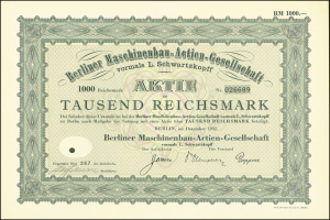 Altes deutsches Aktienzertifikat mit schwarzem und grünem Rand, das gedruckten Text enthält, der die Ausgabe durch die Regierung angibt.