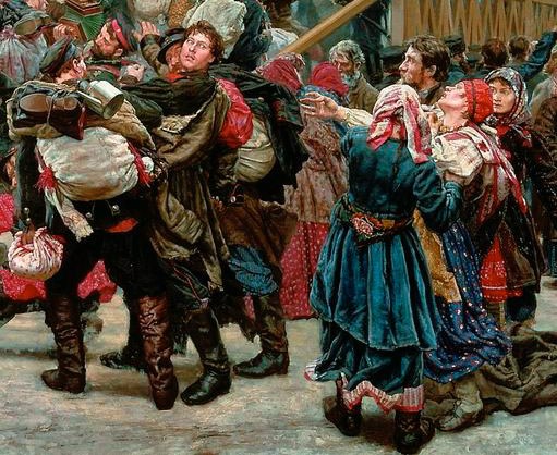 Gemälde, das eine Gruppe von Menschen in traditioneller russischer Kleidung vor einem Publikum tanzt, einige halten Gegenstände, vor einem Holzhaus als Hintergrund während einer lebhaften, festlichen Szene aus der russischen Revolution.
