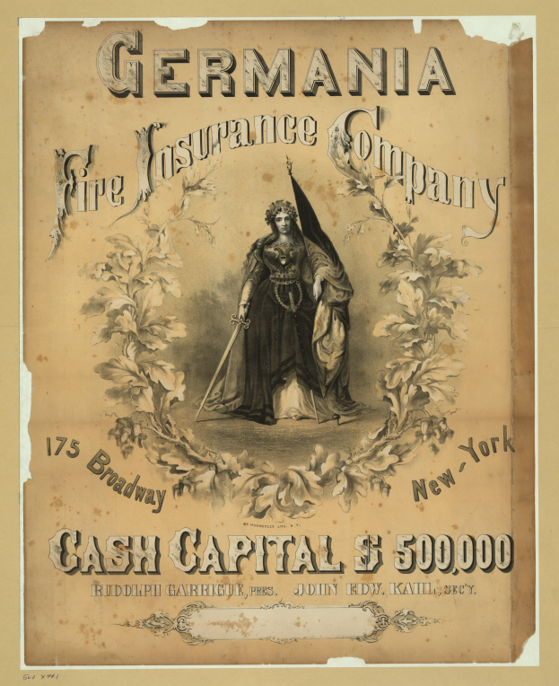 Eine alte Werbung für die Germania Feuerversicherungs-AG, die ein zentrales Bild einer Frau zeigt, mit Texten, die die Dienstleistungen der Gesellschaft beschreiben.