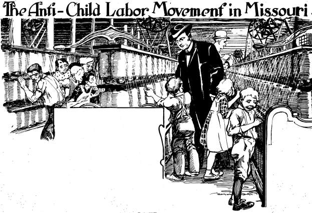 Plakat mit der Aufschrift "Die Anti-Kinderarbeit-Bewegung in Missouri" zeigt eine Gruppe besorgter Menschen in traditioneller Kleidung, einige stehen, andere sitzen, mit Text oben und unten.