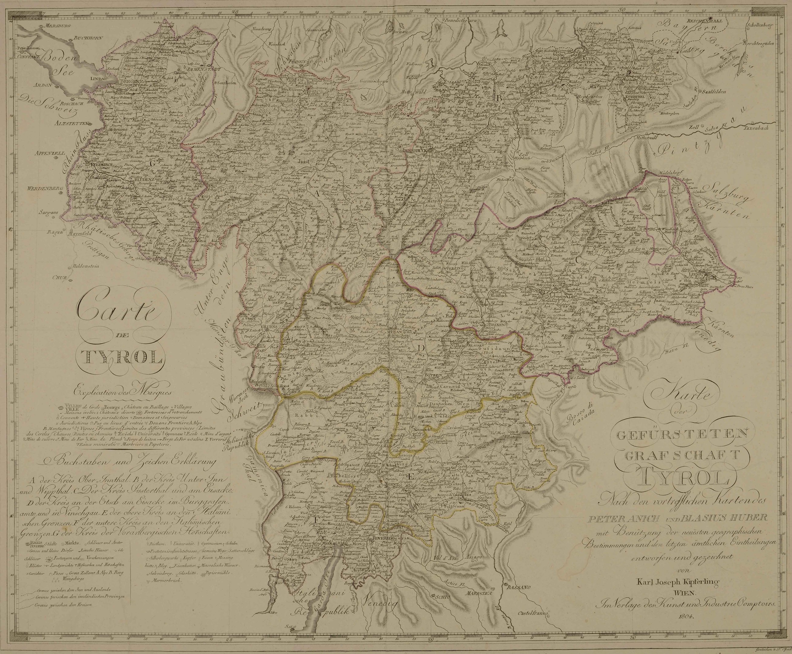 Ausführliche alte Karte von Tirol, Deutschland, mit Städten, Dörfern, Straßen, Sehenswürdigkeiten und geografischen Merkmalen sowie begleitendem Text.