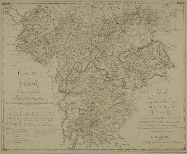 Ausführliche alte Karte von Tirol, Deutschland, mit Städten, Dörfern, Straßen, Sehenswürdigkeiten und geografischen Merkmalen sowie begleitendem Text.