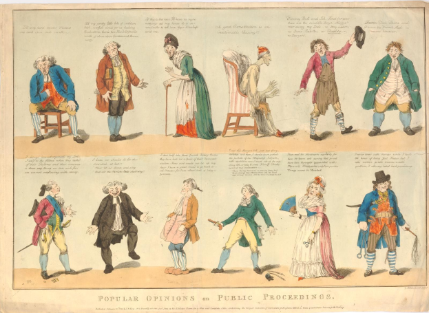 Zeitung mit Abbildungen von Menschen und handgeschriebenen Texten, die öffentliche Meinungen zu rechtlichen Verfahren zusammenfassen.