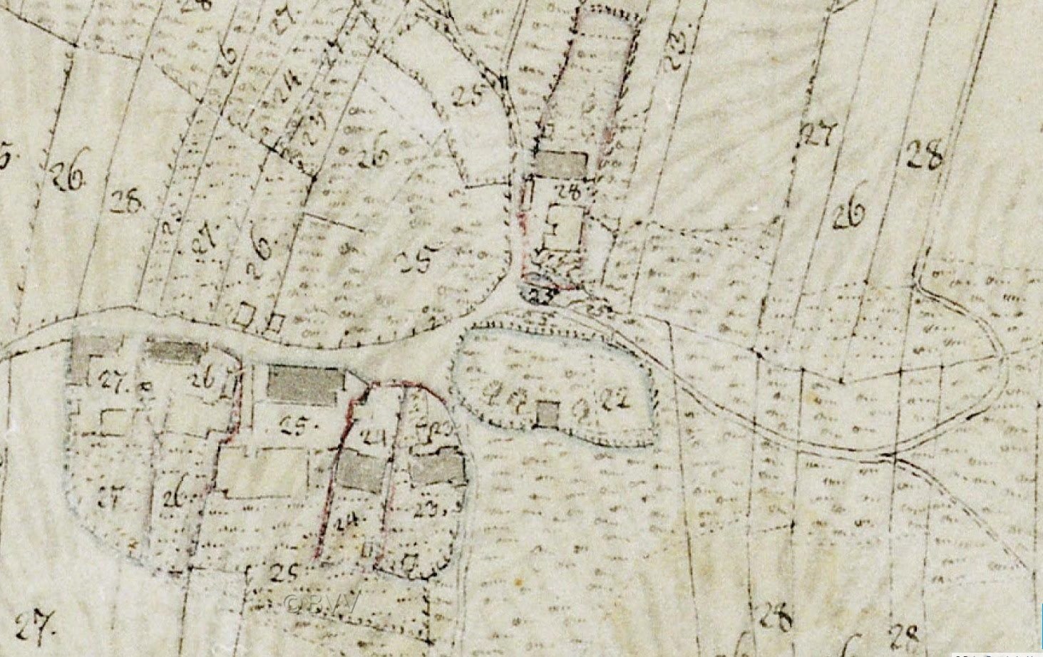Detailierter alter Stadtplan mit Gebäuden, Straßen und Text sowie einem Entwurfsvorschlag unten.