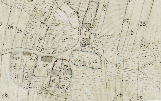Detailierter alter Stadtplan mit Gebäuden, Straßen und Text sowie einem Entwurfsvorschlag unten.