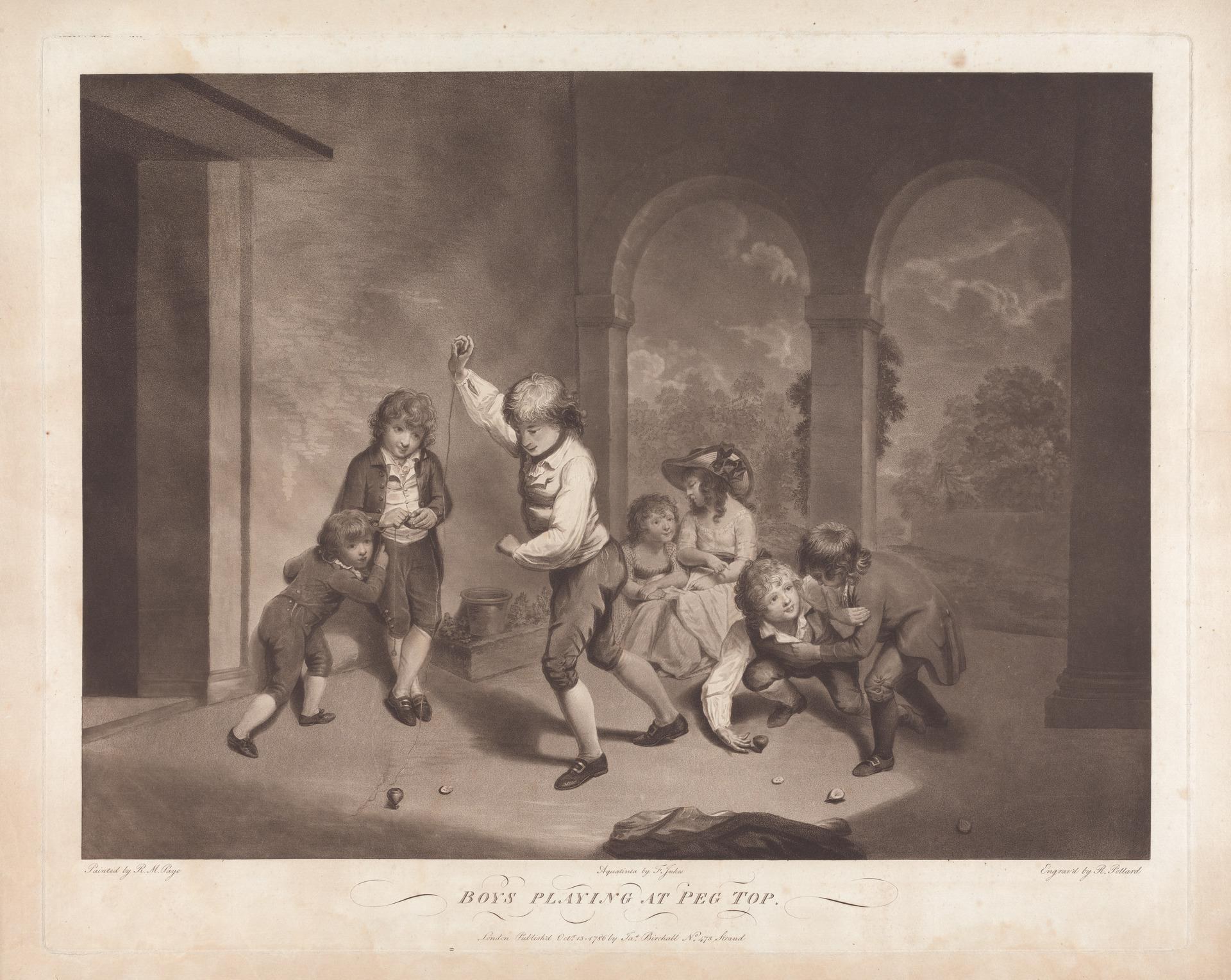 Jungen spielen mit Steckspielen in einer Außenumgebung mit Bäumen, Säulen und einem bewölkten Himmel, mit dem Text "Jungen beim Steckspiel" unten.