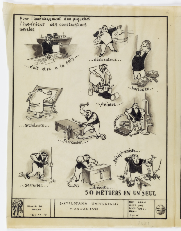 Ein altes Buchblatt mit einem Mann im Anzug und Krawatte und einem menschlichen Gesicht in der Mitte, umgeben von Comic-Strip-ähnlichen Bildern und Text.