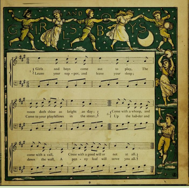 Ein Blatt mit einem Bild von fröhlich tanzenden Kindern, begleitet von einer Notenblättern mit der Aufschrift "Girls and Boys", farbenfrohe Kleidung und Noten.