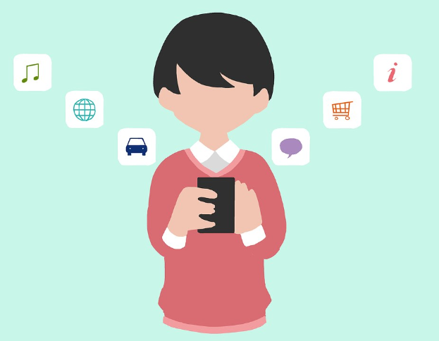 Animierter Mensch, der ein Smartphone hält, mit App-Icons, die Online-Einkauf darstellen.