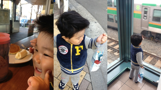 Ein Collage-Bild eines Jungen: links lächelt er an einem Tisch mit einem Glas und Essen; in der Mitte hält er einen Umschlag; rechts steht er neben einem Zaun mit einem Zug im Hintergrund.