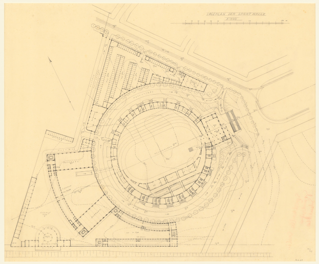 Schwarz-weißer Architekturplan einer Stadionanlage mit umliegenden Gebäuden, betitelt als der vorgeschlagene Sport Hall in London, einschließlich handschriftlicher Anmerkungen.