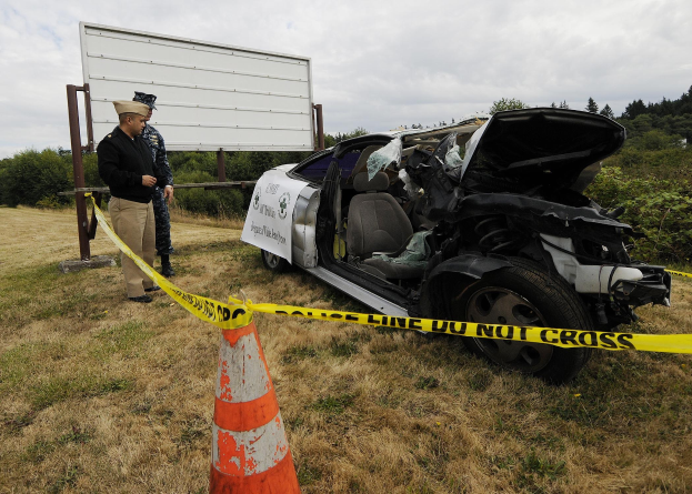 Polizist in Uniform inspiziert ein schwer beschädigtes Auto mit eingedrückter Motorhaube und zersplitterten Fenstern an der Seite einer Straße, mit einem Verkehrskegel und Band in der Nähe, Bäumen und einem bewölkten Himmel im Hintergrund.