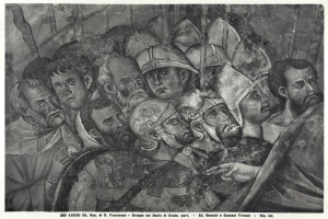 Schwarze und weiße Zeichnung einer Gruppe von Männern in einer Menge, einige sehen ängstlich nach oben und andere verwirrt nach unten, mit Text unten, der eine Schlachtenszene erwähnt.